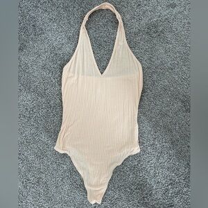 Me to We Essentials Orange Cream Ribbed Plunge Halter Neck Bodysuit